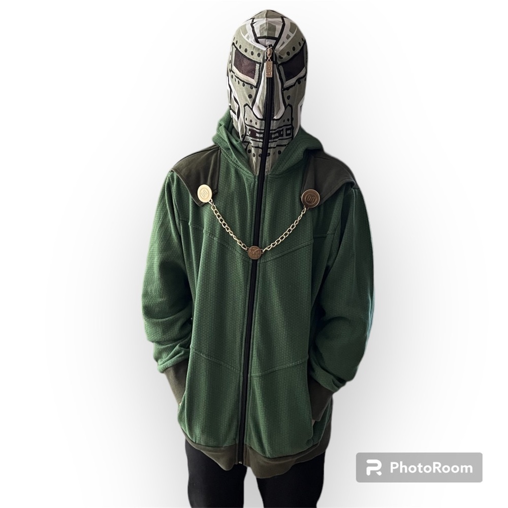 MARVEL DOCTOR DOOM Green Mask Hooded Zip Up Costume Sweater Small